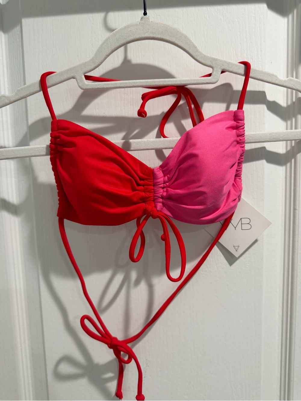 VB Two-Tone Red & Pink Ruched Bikini Top